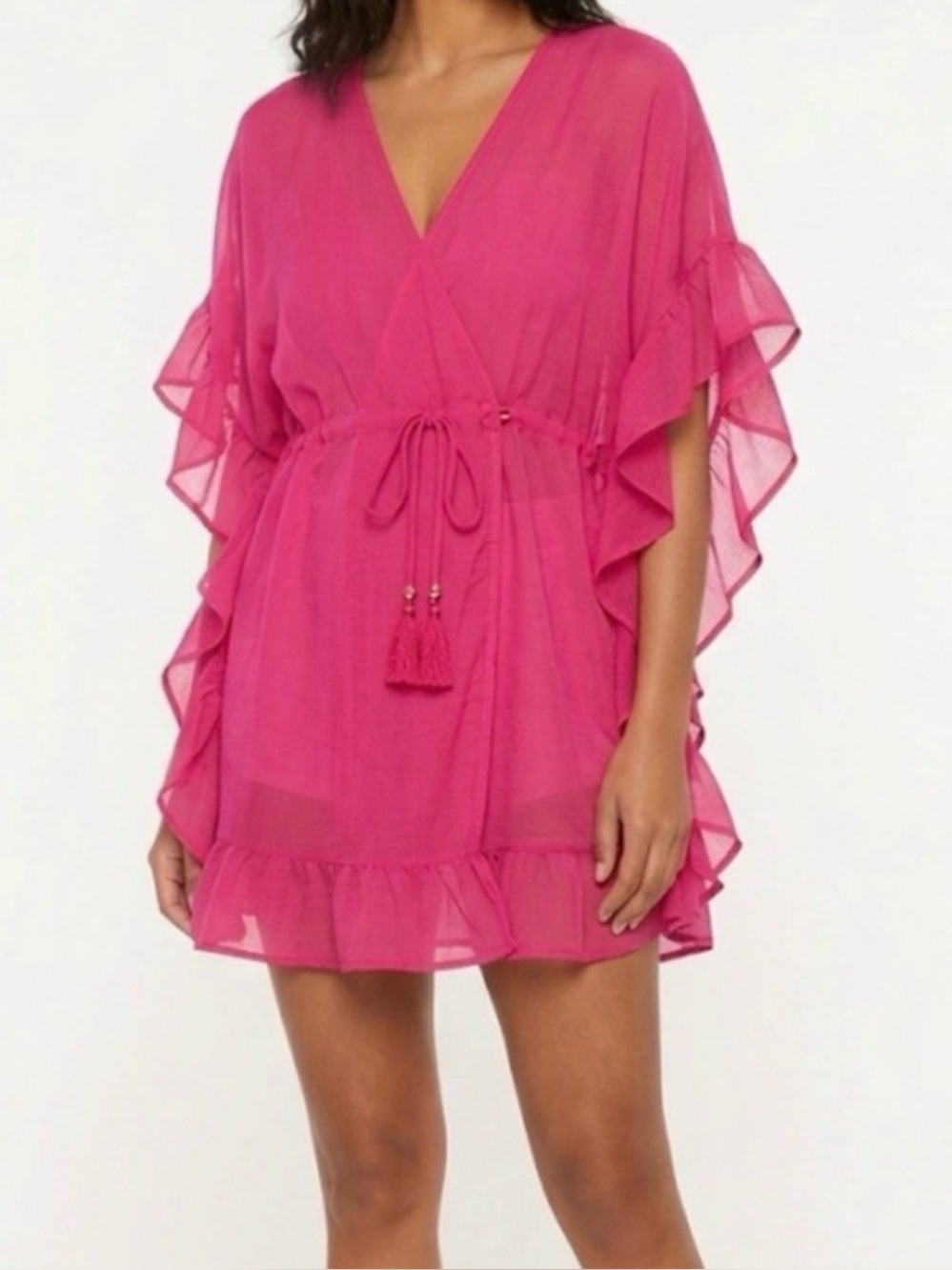 Neon Pink Sheer Ruffle Tie-Waist Mini Dress